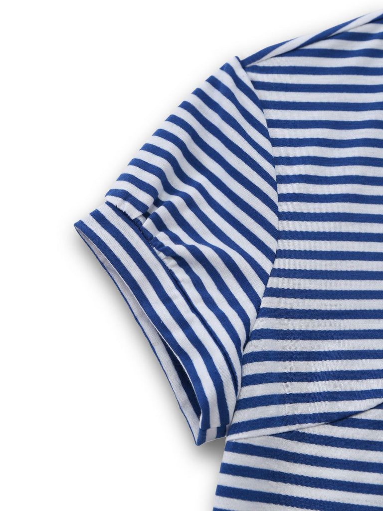 Close-up view of the striped cap sleeve demonstrating the precise stitching and shoulder fit.