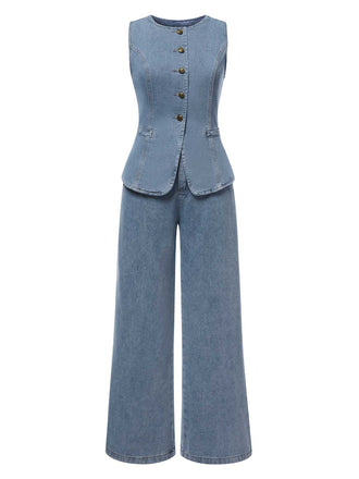 She walks in these 2PCS Blue 1940s Sleeveless Vest & Wide-Leg Denim Jeans and the world follows