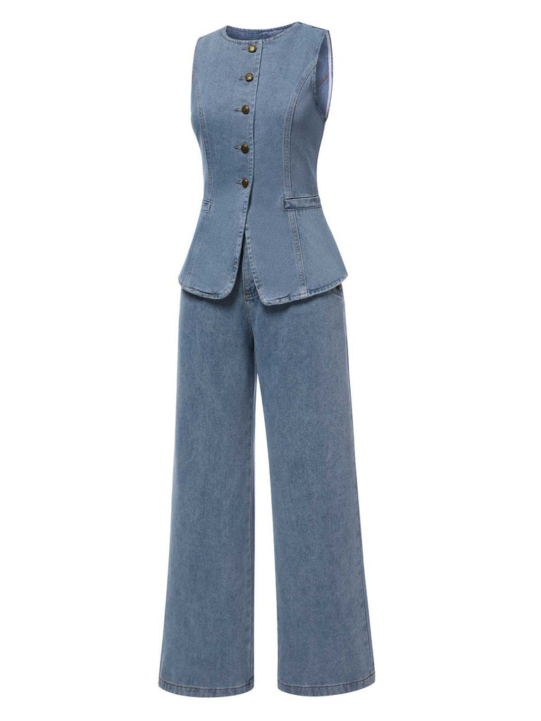 2PCS Blue 1940s Sleeveless Vest & Wide-Leg Denim Jeans: 1940s power dressing, reimagined