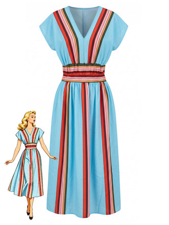 2PCS Blue 1940s Stripe V-Neck Top & Skirt - vintage skirt, retro style for vintage lovers