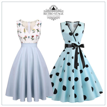 2PCS Blue 1950s Embroidery Pockets Dress & Bow Polka Dot Dress: timeless style reimagined