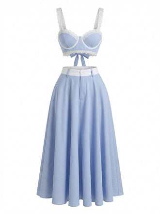 Blue 1950s Lace Spaghetti Strap Patchwork High Waist Skirt Set