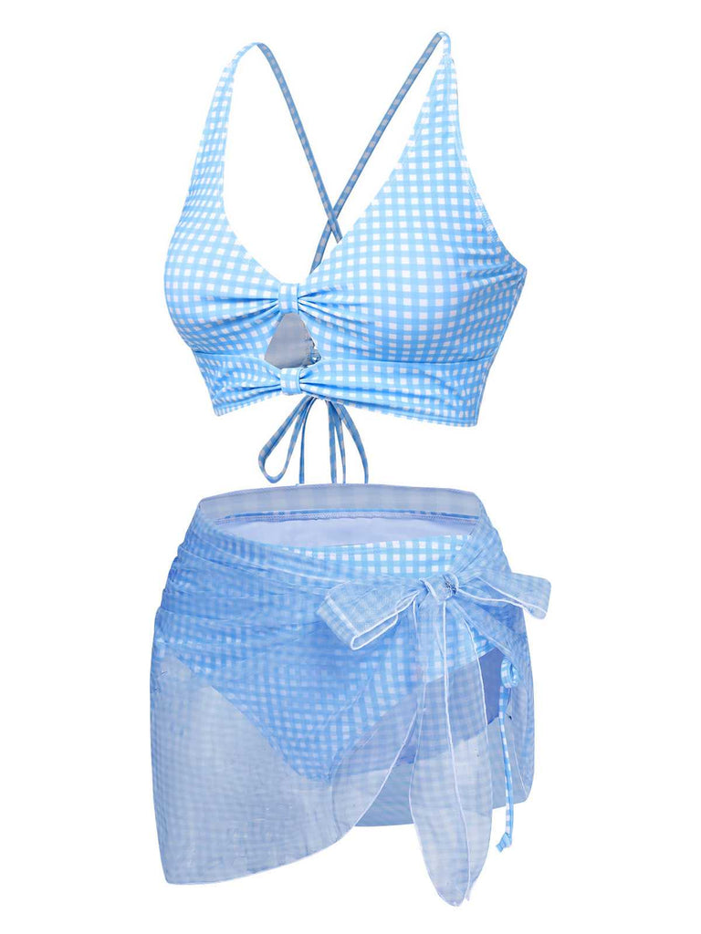 This 2PCS Blue 1950s Plaids Swimsuit & Mesh Cover-Up carries 1950s vacation dreams in every stitch
