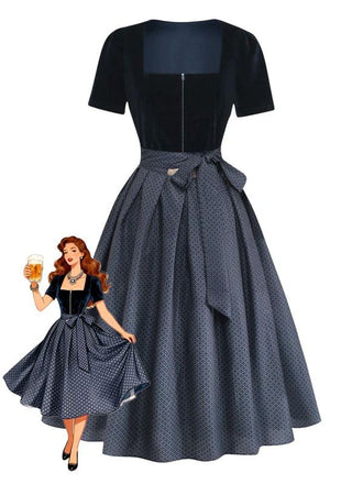 2PCS Blue 1950s Square Neck Velvet Dress & Polka Dot Apron, vintage dress, retro fashion, rockabilly, pin-up fashion - vintage inspired fashion