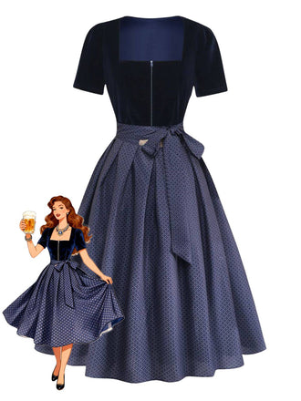 2PCS Blue 1950s Square Neck Velvet Dress & Polka Dot Apron, vintage dress, retro fashion, rockabilly, pin-up fashion - perfect for women who love vintage and retro fashion