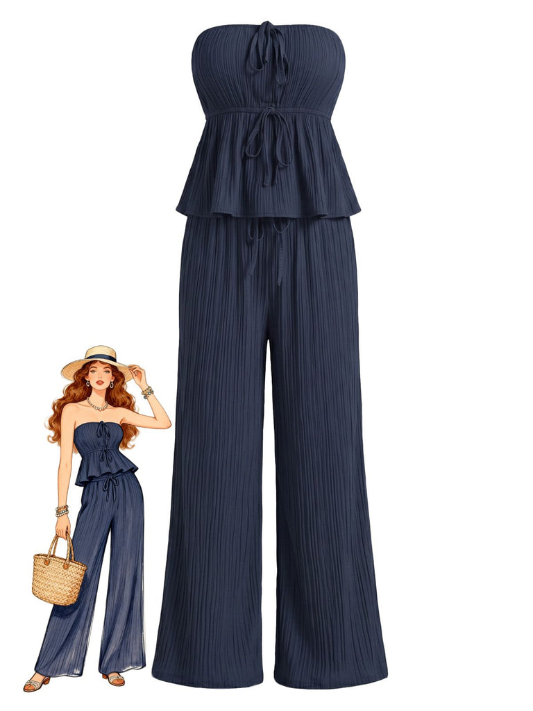 2PCS Blue 1950s Strapless Textured Ruffled Top & Pants, vintage top, retro blouse - perfect for women who love vintage and retro fashion