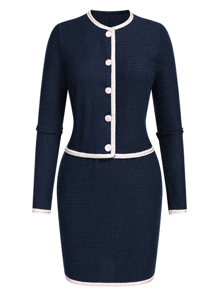 She throws on this 2PCS Blue 1960s Contrast Short Coat & Pencil Skirt and the city feels like 1960s Paris