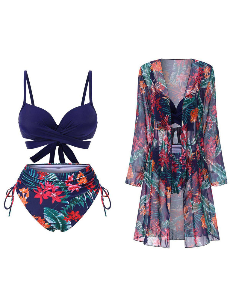 2PCS Blue 1960s Floral Plant Print Bikini Sets & Cover-Up, vintage swimsuit, pin-up swimwear - perfect for women who love vintage and retro fashion