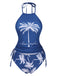 She's wearing 2PCS Blue 1960s Knot Tropical Print Halter Swimsuit and the whole beach remembers the 1960s