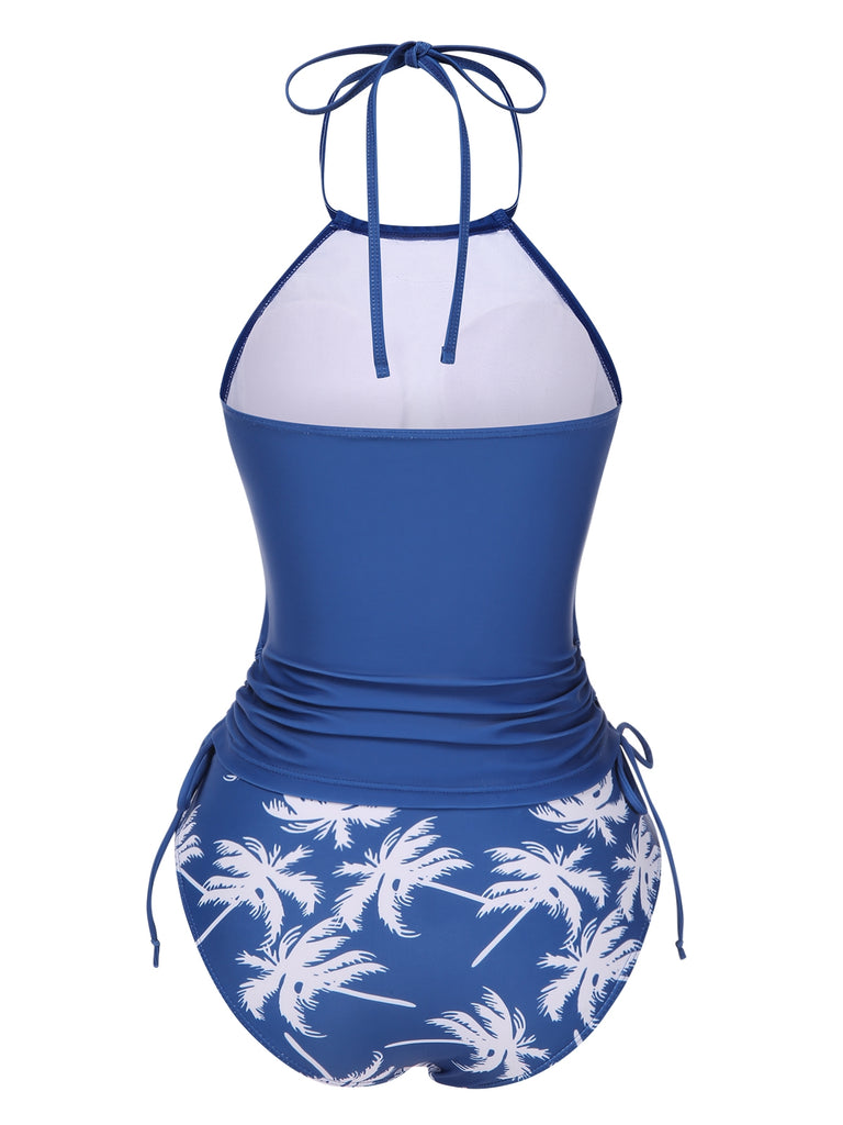 This 2PCS Blue 1960s Knot Tropical Print Halter Swimsuit carries 1960s vacation dreams in every stitch