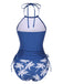 This 2PCS Blue 1960s Knot Tropical Print Halter Swimsuit carries 1960s vacation dreams in every stitch