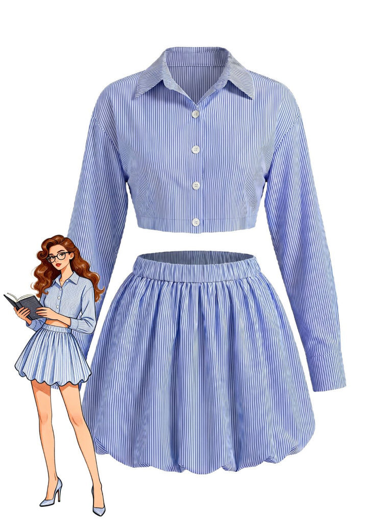 Blue 1960s Floral Striped Two Piece Set 2