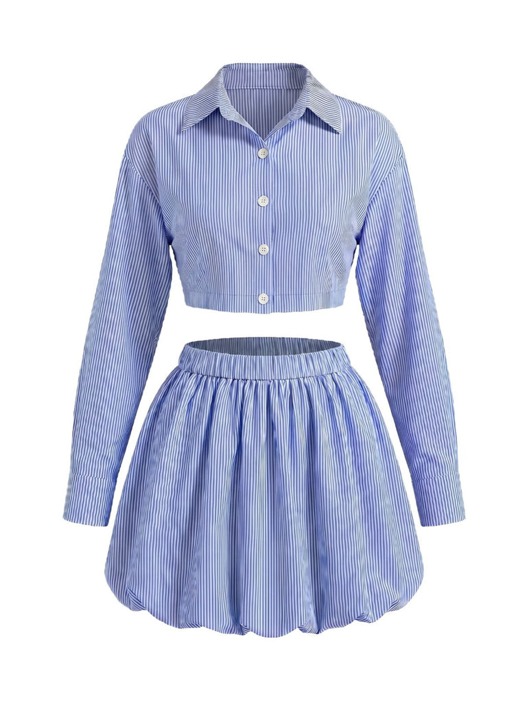 Blue 1960s Floral Striped Two Piece Set 3