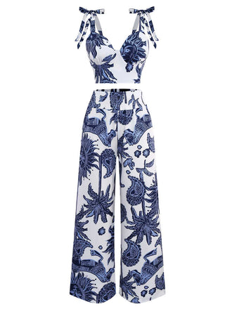 2PCS Blue 1970s Boho Cropped Top & Pants - vintage fashion, retro style