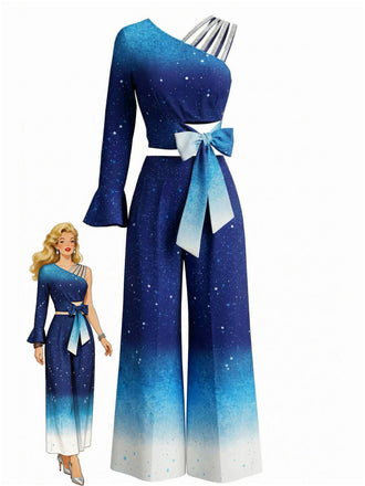 2PCS Blue 1970s Gradient Glitter Top & Pants Set - vintage fashion, retro style