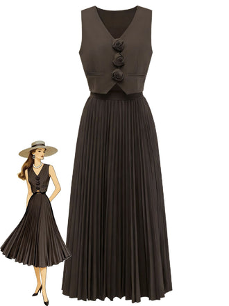 2PCS Brown 1940s Sleeveless Vest & Pleated Midi Skirt, vintage skirt, retro style - perfect for women who love vintage and retro fashion
