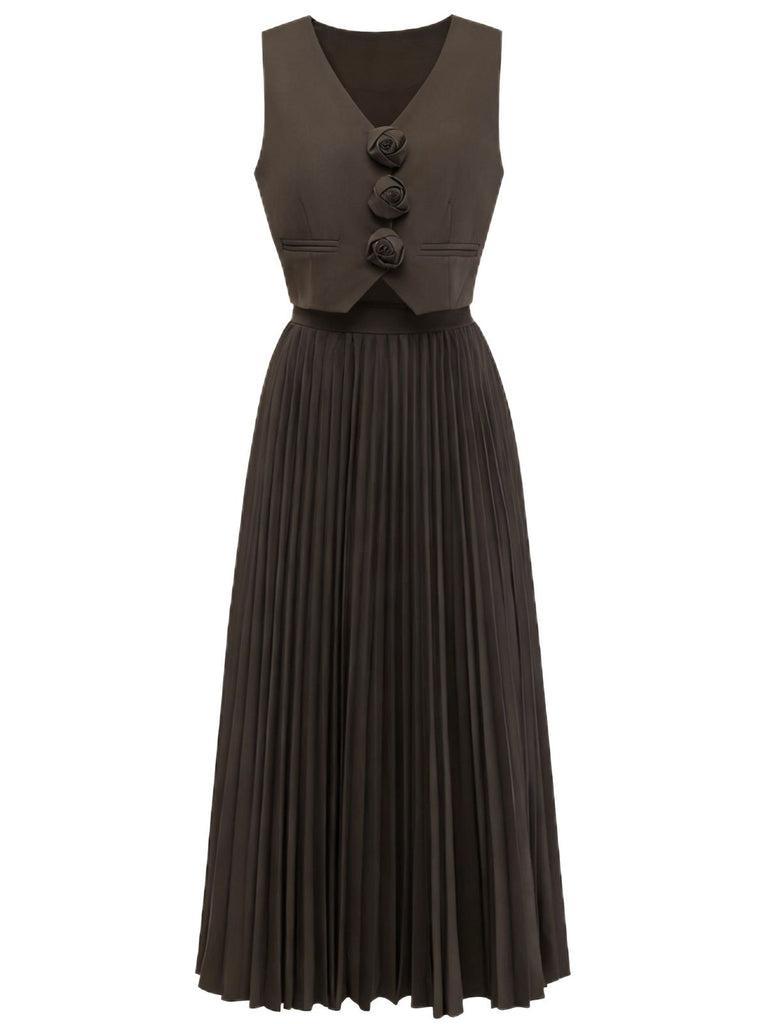 2PCS Brown 1940s Sleeveless Vest & Pleated Midi Skirt, vintage skirt, retro style - perfect for women who love vintage and retro fashion