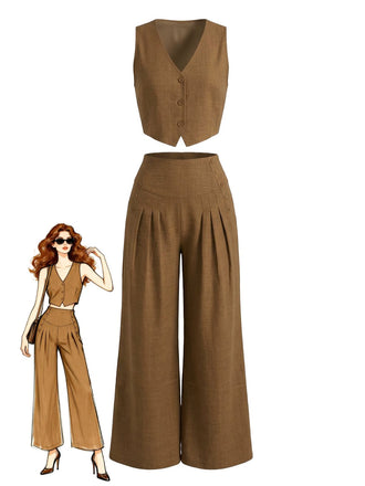 2PCS Brown 1940s V-Neck Vest & Wide Leg Pants - vintage fashion, retro style