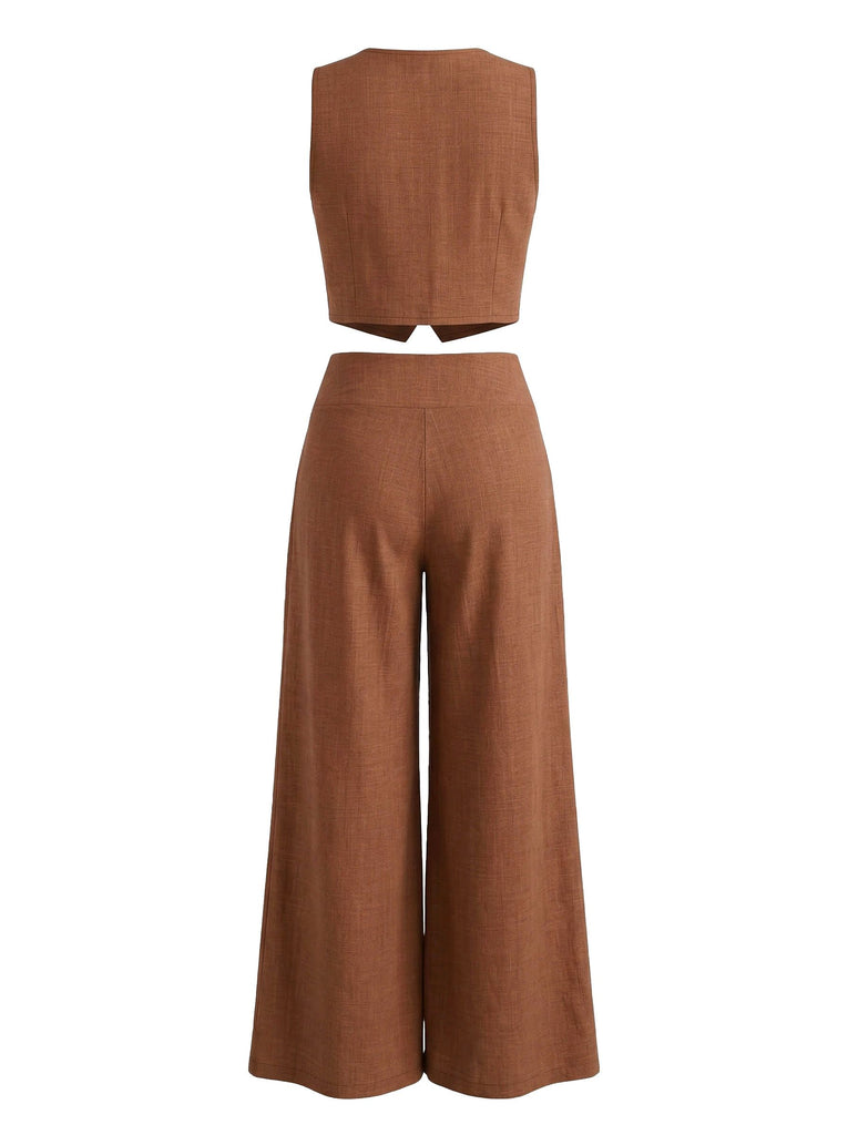 2PCS Brown 1940s V-Neck Vest & Wide Leg Pants, vintage fashion, retro style - perfect for women who love vintage and retro fashion