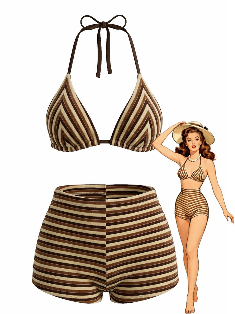 2PCS Brown 1950s Striped Terry Halter Bikini & Shorts