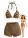 2PCS Brown 1950s Striped Terry Halter Bikini & Shorts