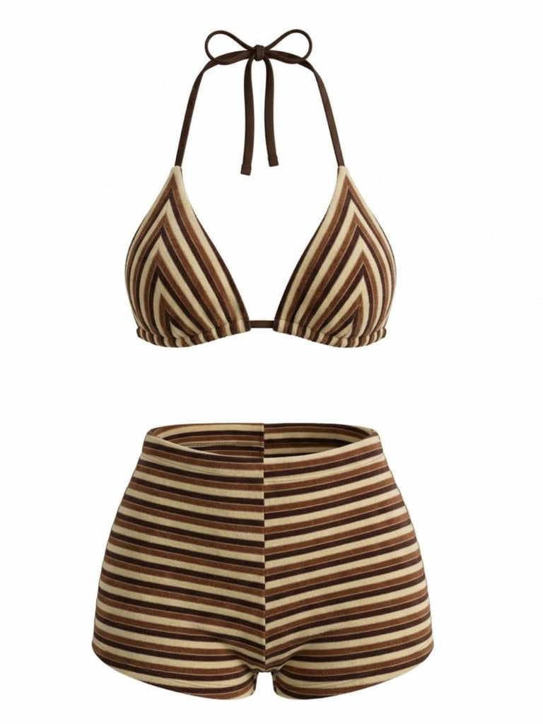 2PCS Brown 1950s Striped Terry Halter Bikini & Shorts