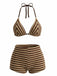 2PCS Brown 1950s Striped Terry Halter Bikini & Shorts