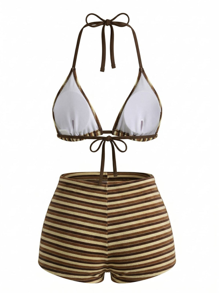 2PCS Brown 1950s Striped Terry Halter Bikini & Shorts