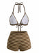 2PCS Brown 1950s Striped Terry Halter Bikini & Shorts