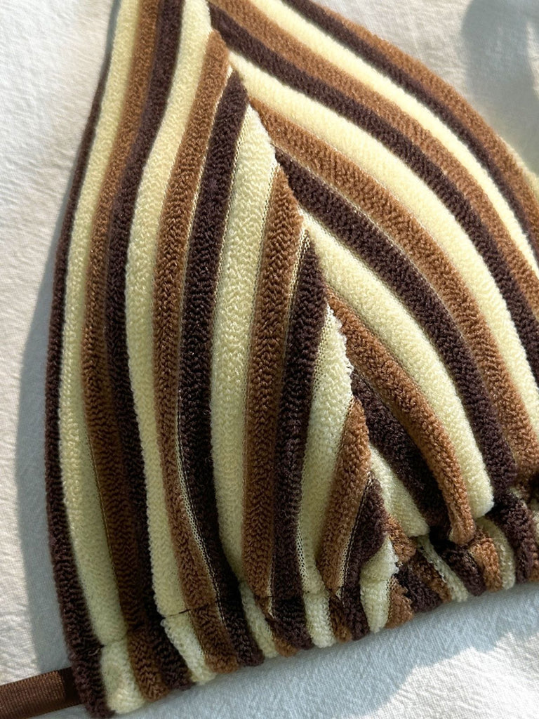 2PCS Brown 1950s Striped Terry Halter Bikini & Shorts