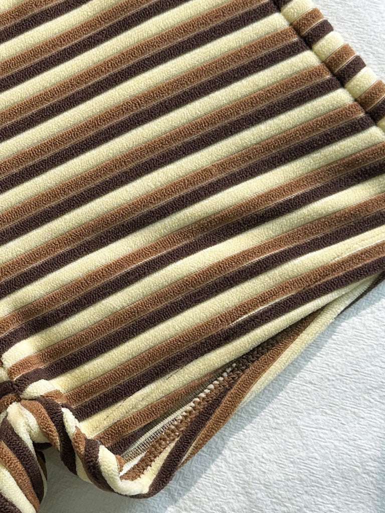 2PCS Brown 1950s Striped Terry Halter Bikini & Shorts