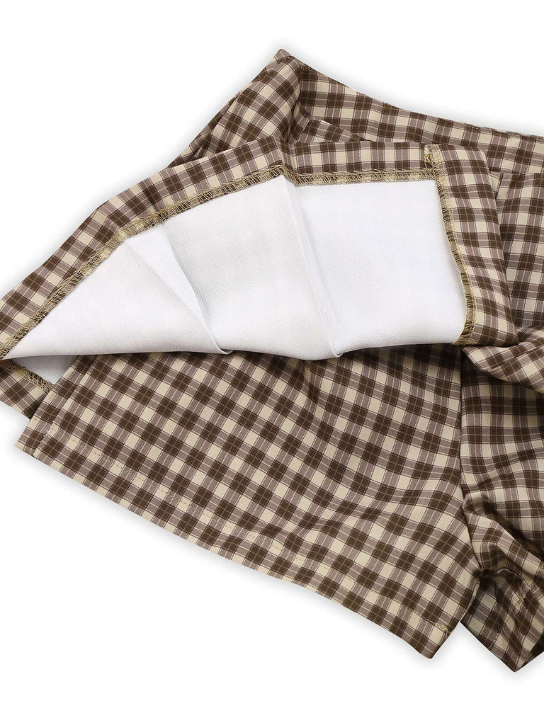 2PCS Brown 1960s Gingham Plaid Pleated Vest & Skirt - vintage skirt, retro style