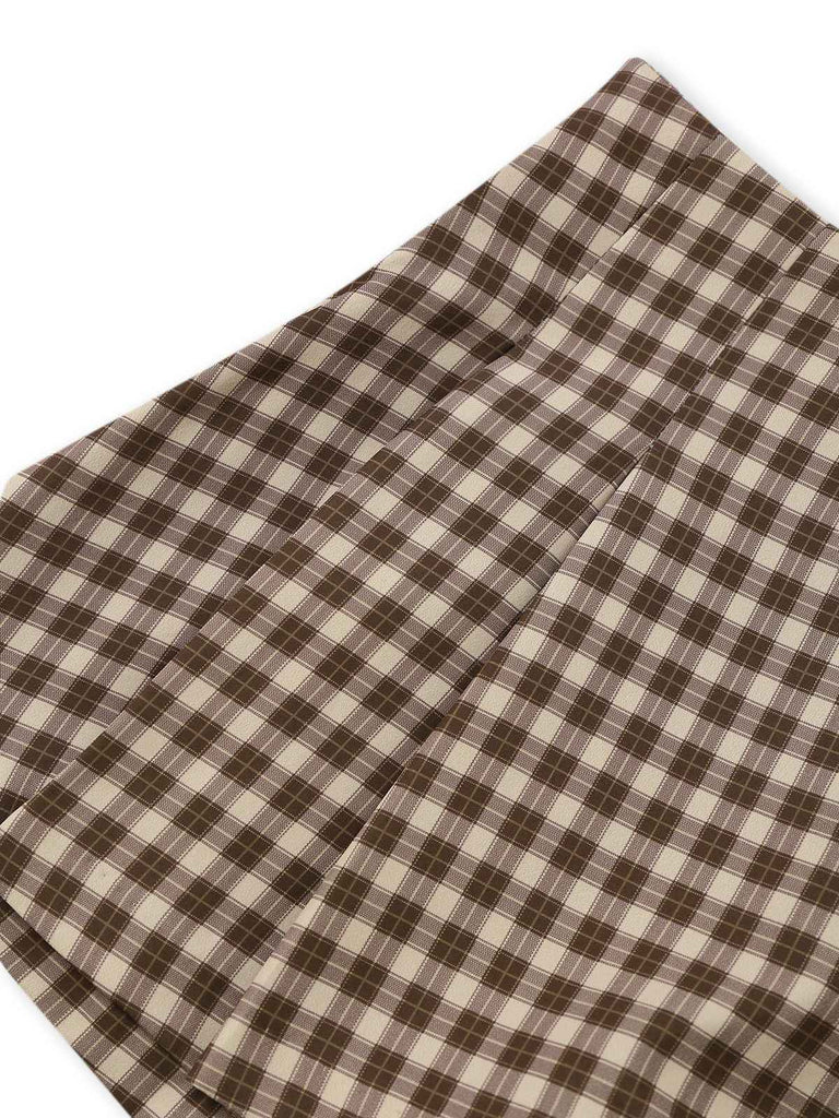 2PCS Brown 1960s Gingham Plaid Pleated Vest & Skirt - vintage skirt, retro style