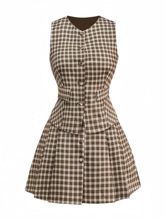 2PCS Brown 1960s Gingham Plaid Pleated Vest & Skirt - vintage skirt, retro style