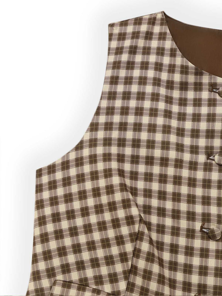 2PCS Brown 1960s Gingham Plaid Pleated Vest & Skirt - vintage skirt, retro style