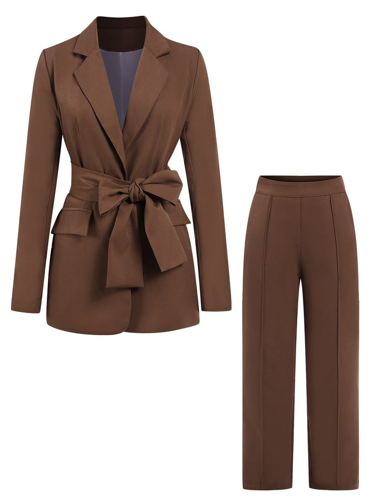 2PCS Brown 1960s Lace-up Blazer Coat & Pants Suit Set, vintage coat, retro outerwear - perfect for women who love vintage and retro fashion