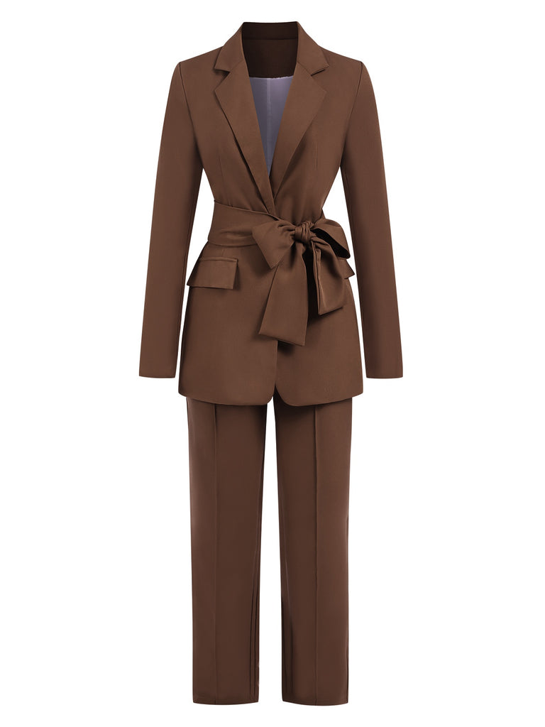 2PCS Brown 1960s Lace-up Blazer Coat & Pants Suit Set, vintage coat, retro outerwear - perfect for women who love vintage and retro fashion