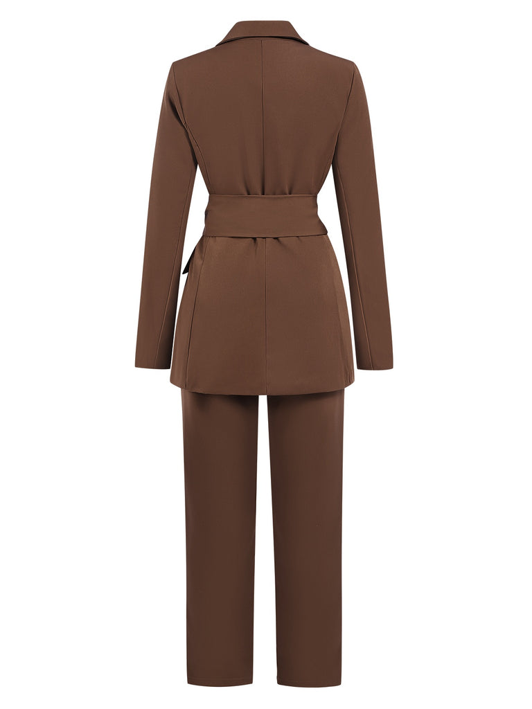2PCS Brown 1960s Lace-up Blazer Coat & Pants Suit Set, vintage coat, retro outerwear - perfect for women who love vintage and retro fashion