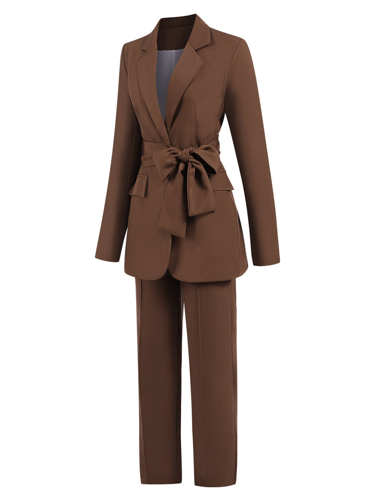 2PCS Brown 1960s Lace-up Blazer Coat & Pants Suit Set, vintage coat, retro outerwear - perfect for women who love vintage and retro fashion