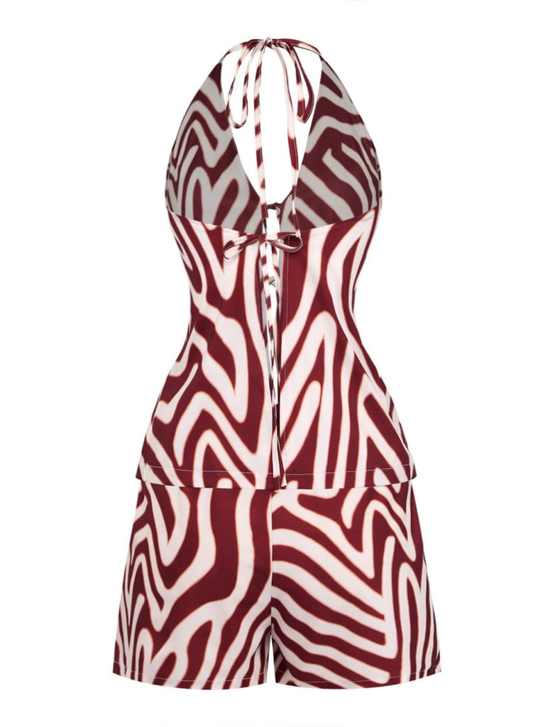 2PCS-Brown-1970s-Halter-Deep-V-Striped-Top-Shorts-Back-View