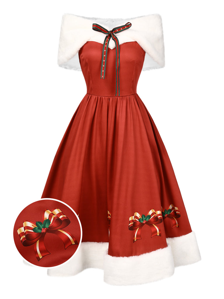 Christmas Red Faux Fur Off-Shoulder Dress
