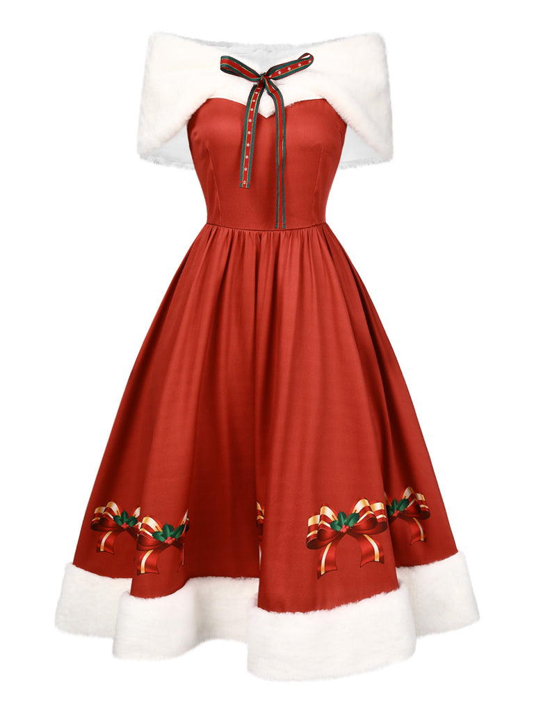 2PCS Christmas 1950s Strapless Bow Fur Dress & Shawl | Retro Stage 2PCS Christmas 1950s Strapless Bow Fur Dress & Shawl | Retro Stage