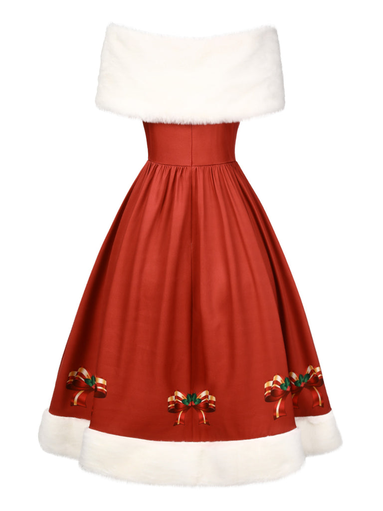 Christmas Red Faux Fur Off-Shoulder Dress