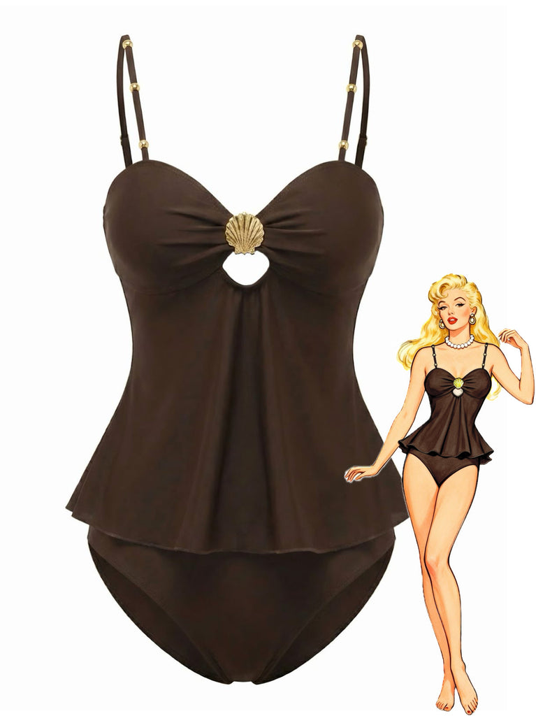 2PCS Dark Brown 1950s Solid Shell Tankini Set - vintage fashion, retro style, classic elegance for vintage lovers