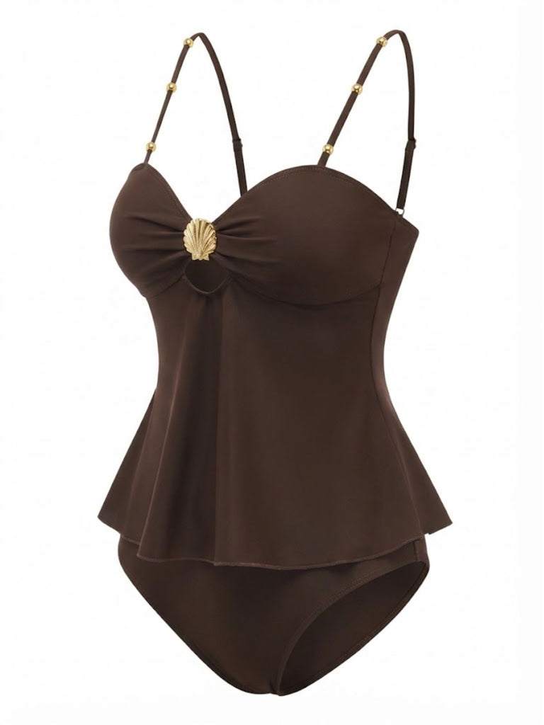 2PCS Dark Brown 1950s Solid Shell Tankini Set | vintage fashion, retro style, classic elegance - perfect for retro fashion enthusiasts