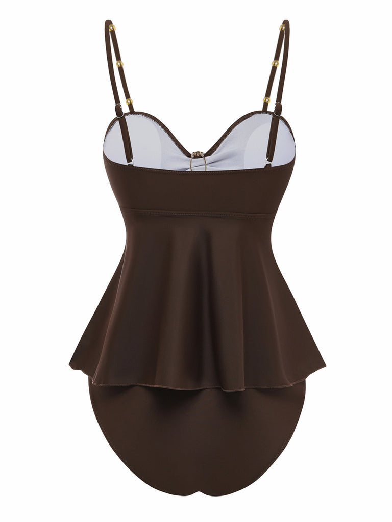 2PCS Dark Brown 1950s Solid Shell Tankini Set - vintage fashion, retro style, classic elegance for vintage lovers