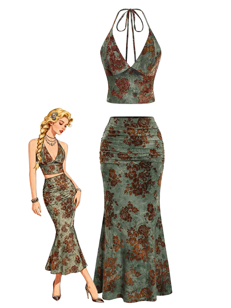 2PCS Dark Green 1970s Floral Halter Mermaid Skirt Set, vintage skirt, retro style - perfect for women who love vintage and retro fashion