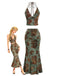 2PCS Dark Green 1970s Floral Halter Mermaid Skirt Set, vintage skirt, retro style - perfect for women who love vintage and retro fashion
