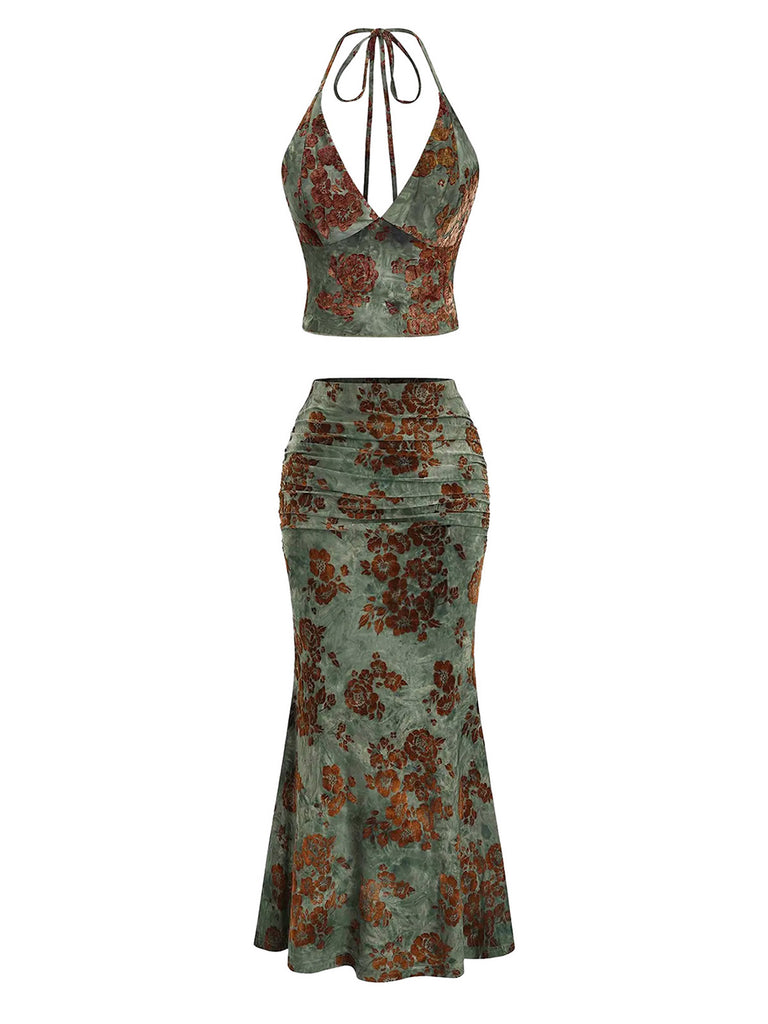 2PCS Dark Green 1970s Floral Halter Mermaid Skirt Set, vintage skirt, retro style - perfect for women who love vintage and retro fashion