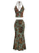 2PCS Dark Green 1970s Floral Halter Mermaid Skirt Set, vintage skirt, retro style - perfect for women who love vintage and retro fashion